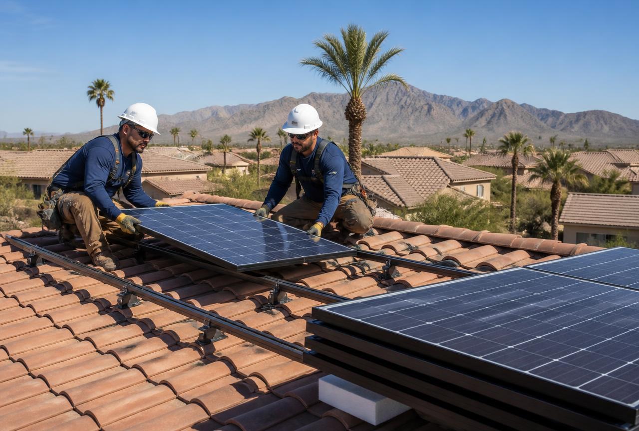 Crew detaching solar panels from a tile roof ahead of a Florida re-roof