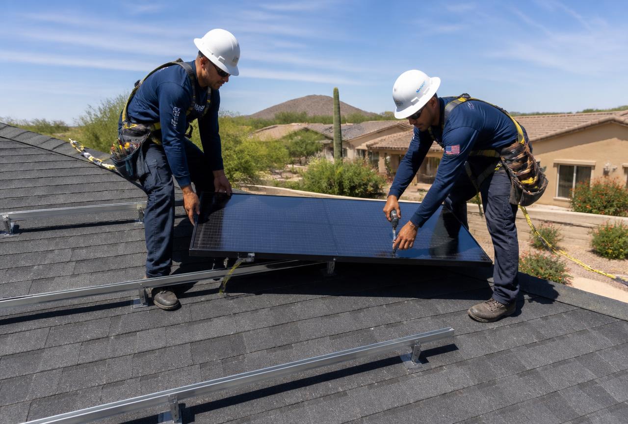 Technician reinstalling solar panels on a newly shingled roof in St. Petersburg, Florida