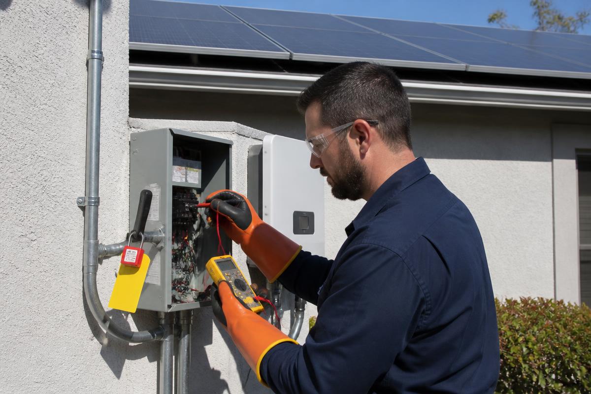 Licensed electrician testing for voltage at an open AC disconnect with lockout/tagout applied during a Florida solar system inspection