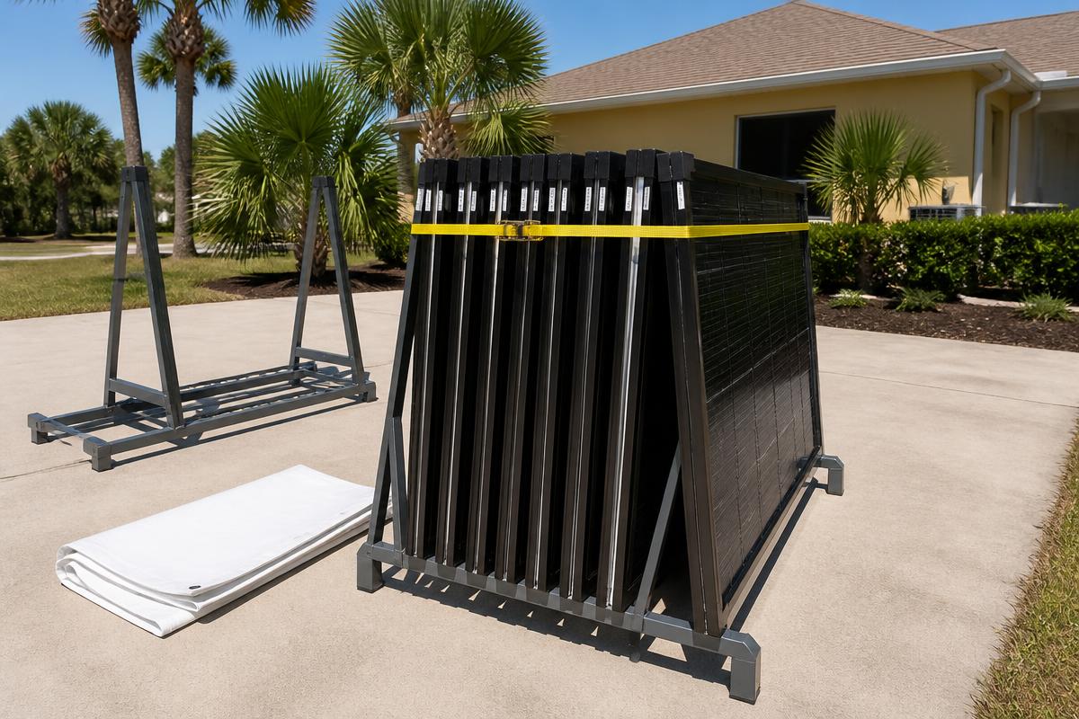 Labeled solar panels stored on edge in padded A-frame racks with foam separators, corner protectors, and ratchet straps at a Florida job site